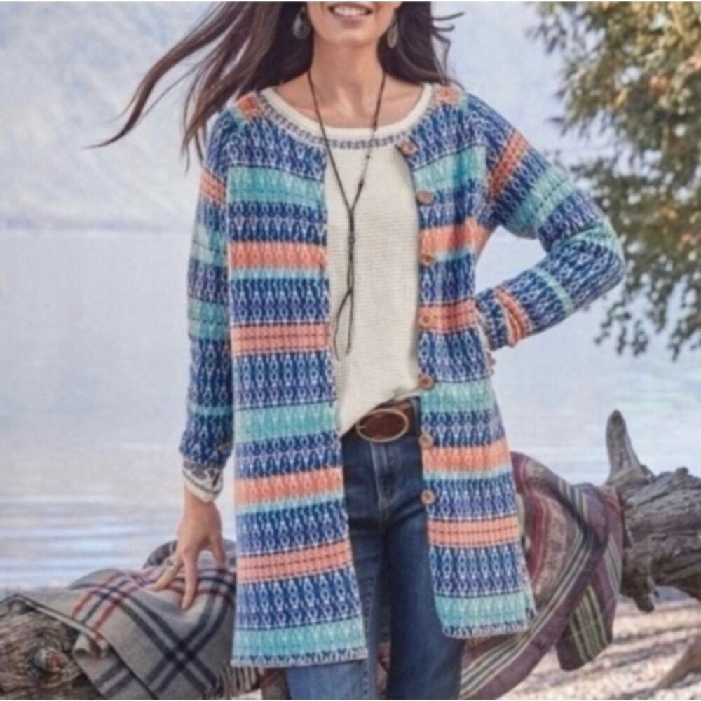 Sundance Shoreline Blue Peach Striped Long Cardigan Sz‎ Medium Boho